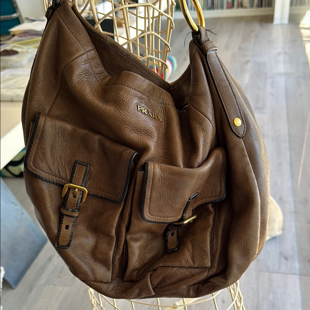 Prada Tan Leather Hobo Bag with Gold Accents